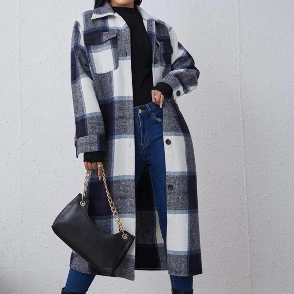 COPY - Plaid flap pocket drop shoulder longline tweed overcoat